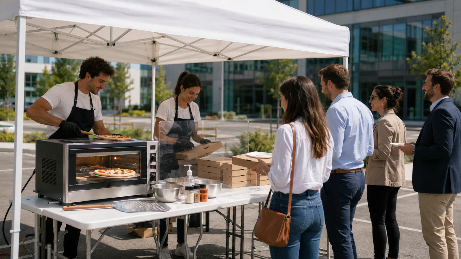Stand de pizzas sous barnum blanc installé devant une entreprise, four électrique sur la table