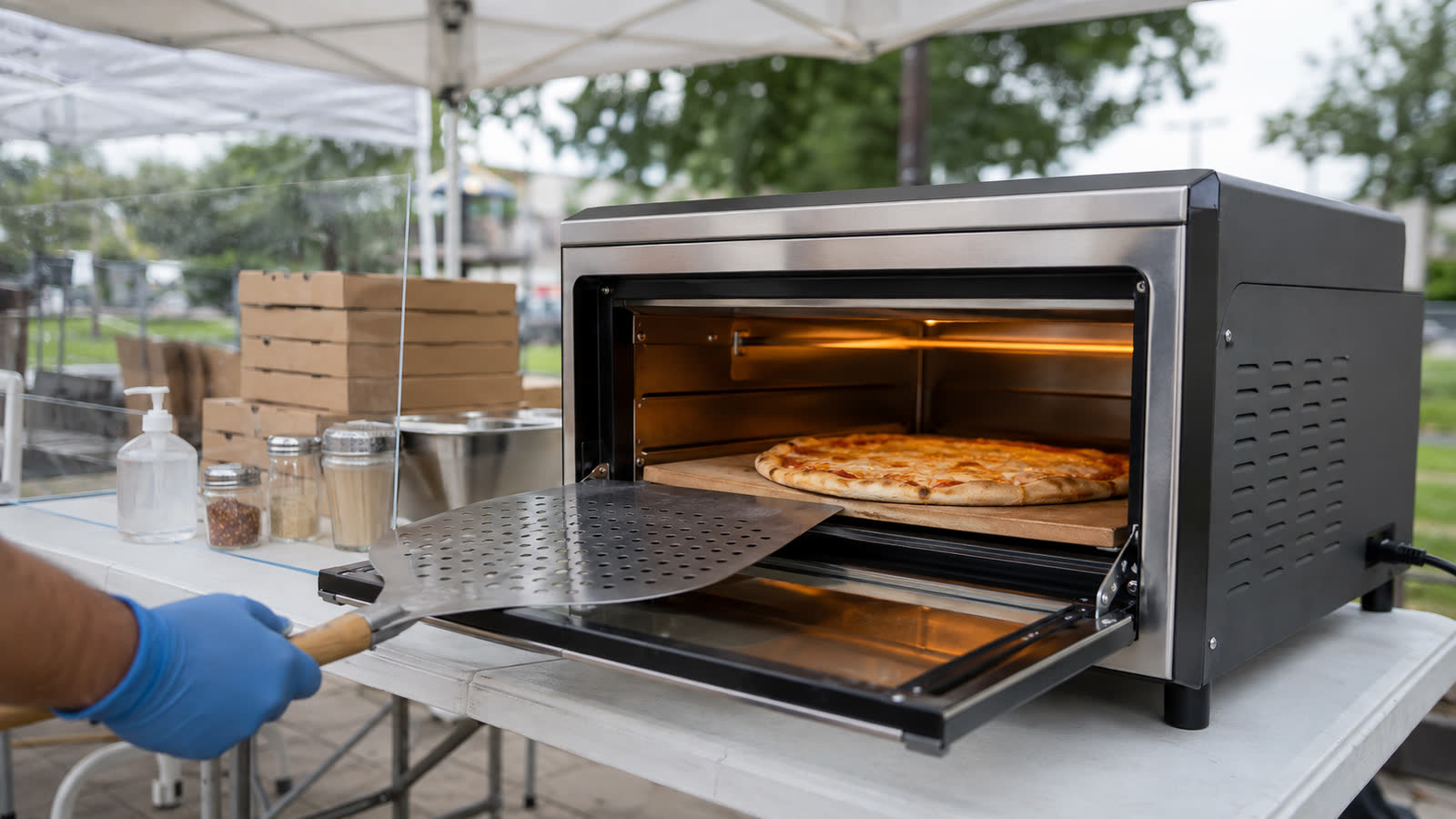 Pizza glissée à la pelle dans le four électrique posé sur la table du stand