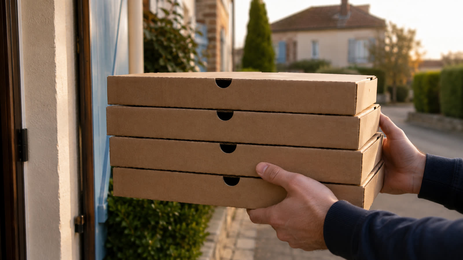 Pile de boîtes à pizza livrées devant une porte, en fin de journée