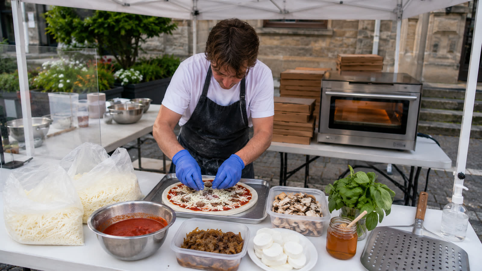 Sauce, mozzarella et garnitures disposées sur la table du stand, prêtes pour le service